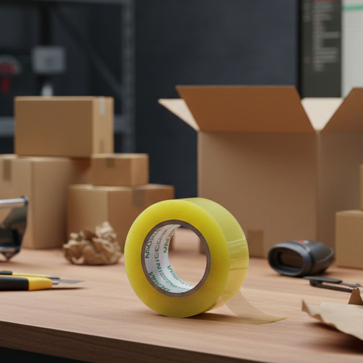 Wukusy transparent adhesive tape roll, 125 x 45 mm, with clear packaging tape shown on a flat surface.