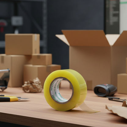 Wukusy transparent adhesive tape roll, 125 x 45 mm, with clear packaging tape shown on a flat surface.
