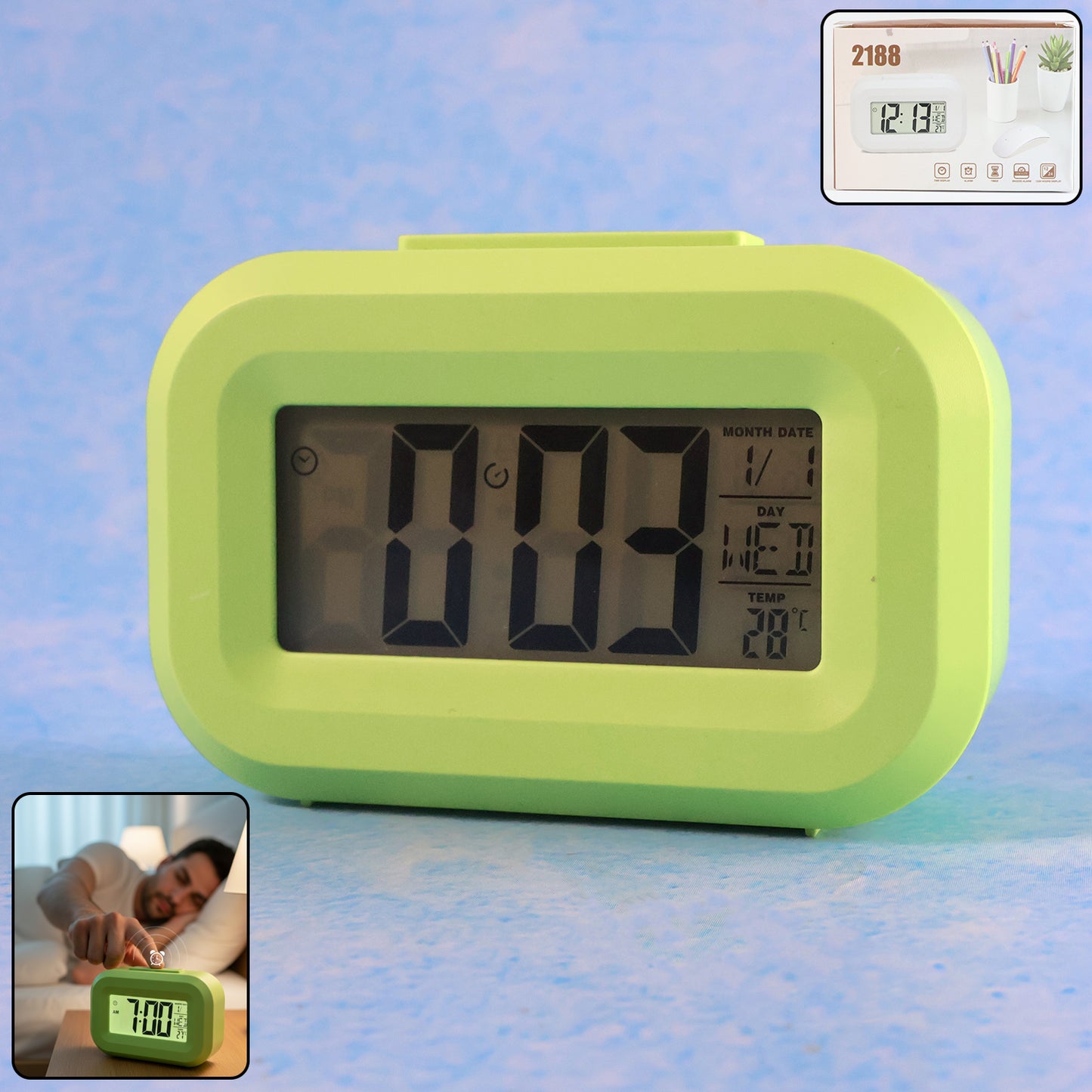 Digital alarm clock with clear LED display from Wukusy showing time and alarm settings on a sleek black device