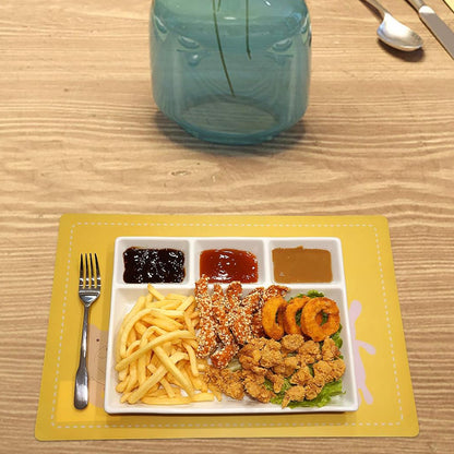 White plastic 4-compartment rectangular meal serving tray by Wukusy, ideal for home and kitchen use with separate sections for food.