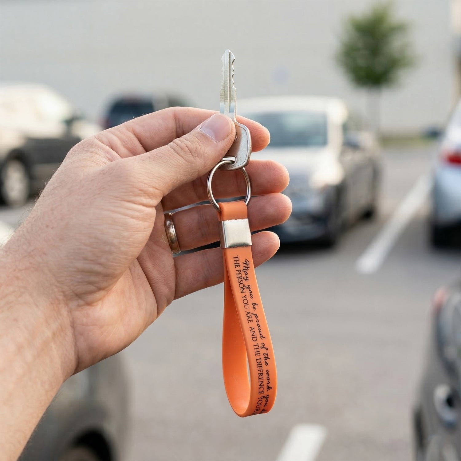 Two Wukusy silicone wrist strap keychains with metal key rings, shown with vibrant colors and flexible design for easy carrying.