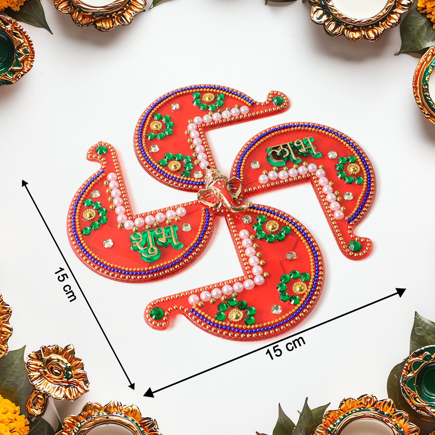 Acrylic Swastik Shubh Labh wall hanging decor by Wukusy, featuring traditional symbols for positive energy and home decoration.
