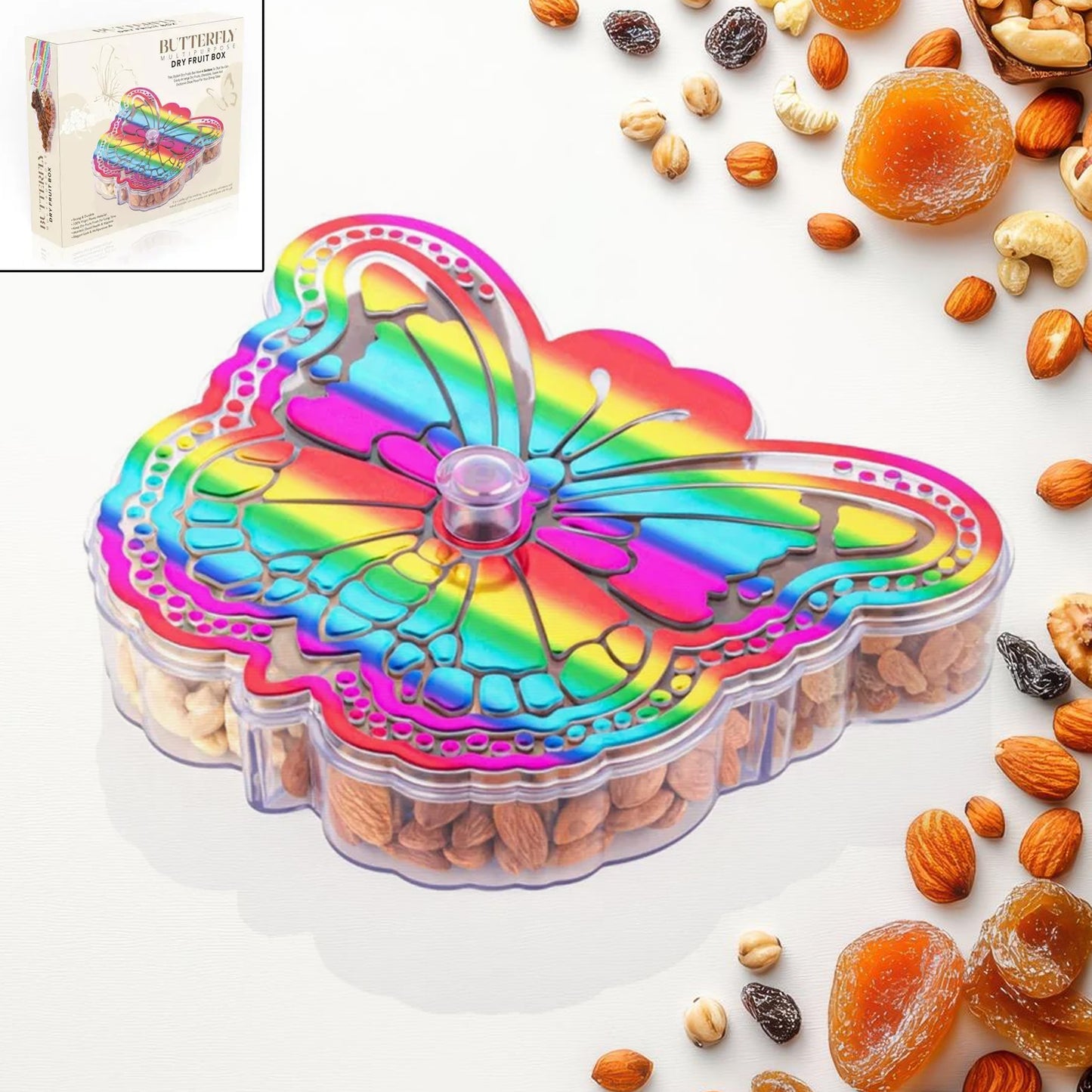 Wukusy butterfly-shaped 4-compartment dry fruit box, a versatile kitchen tool for storing snacks and dry foods.