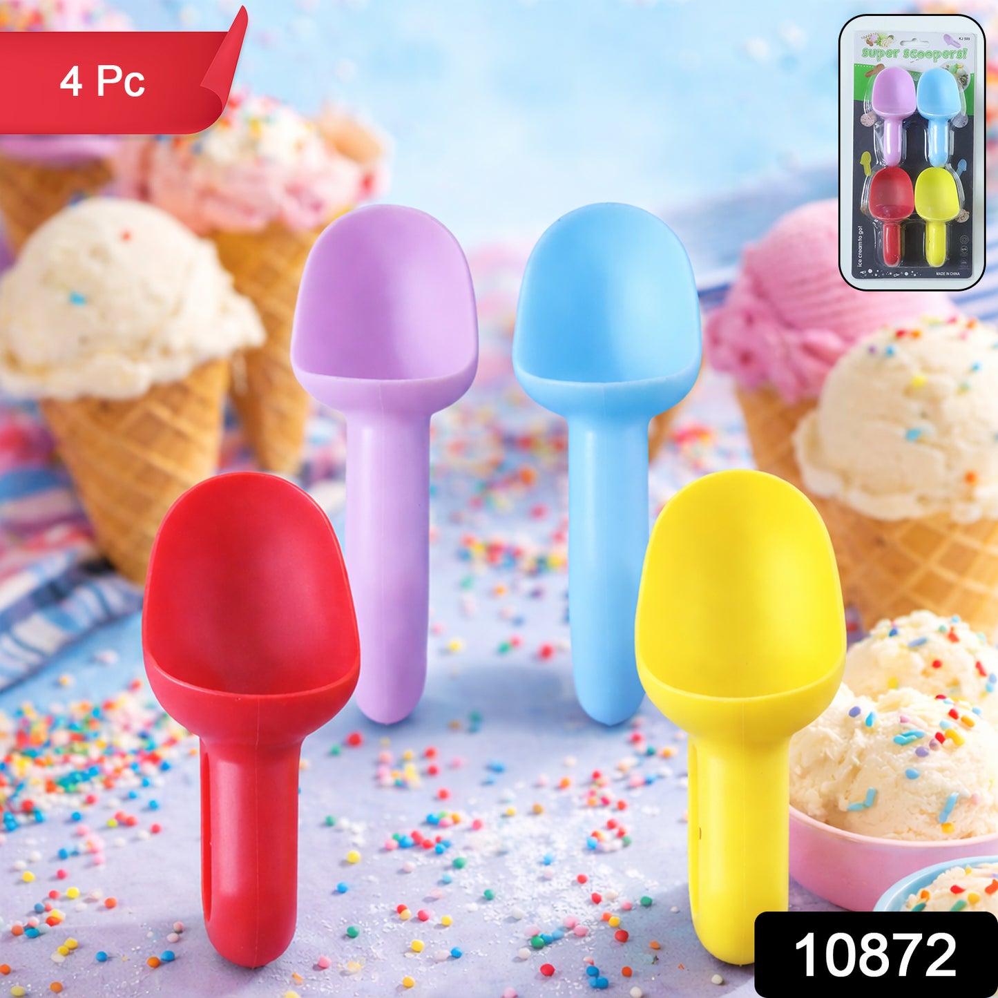 Set of four Wukusy plastic ice cream scoops with ergonomic handles for easy serving and portioning of ice cream.