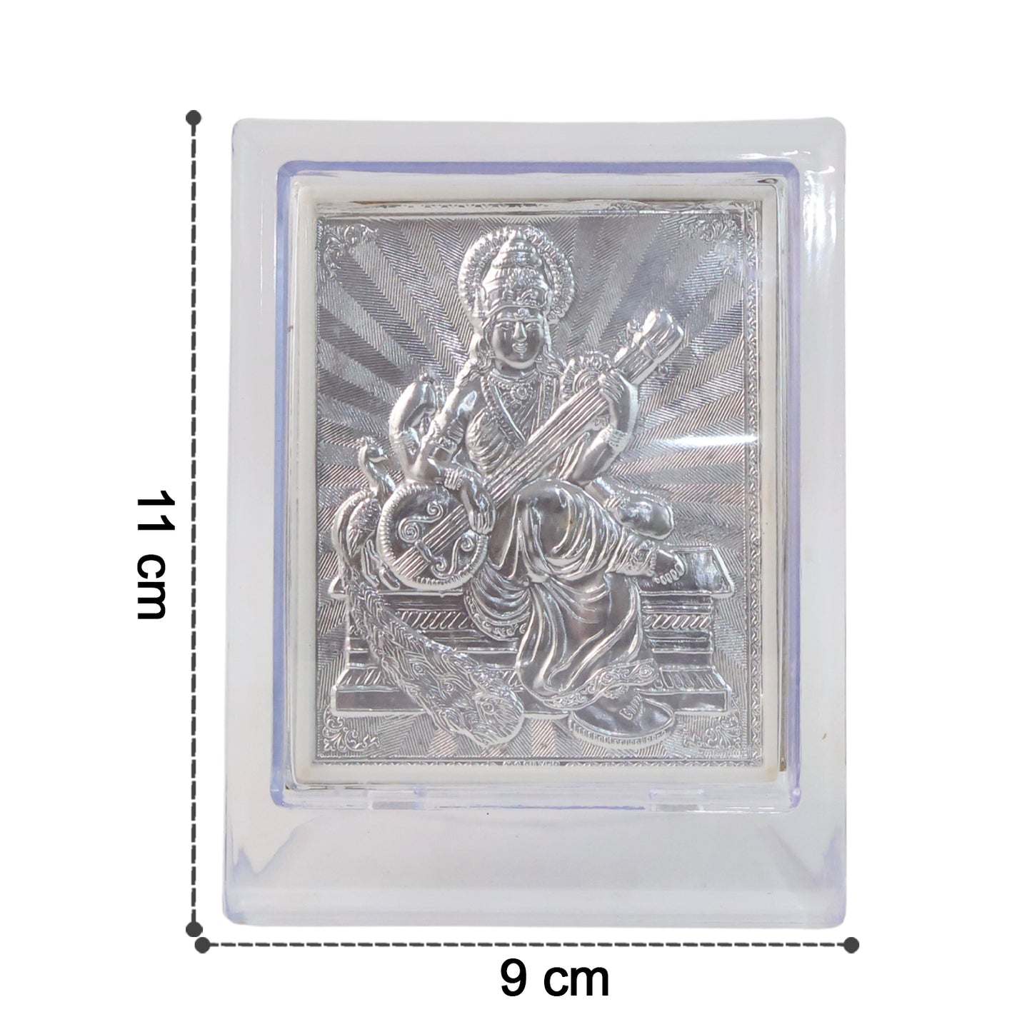 Silver Saraswati Maa photo frame with stand, elegant home decor piece by Wukusy featuring detailed craftsmanship and decorative design.