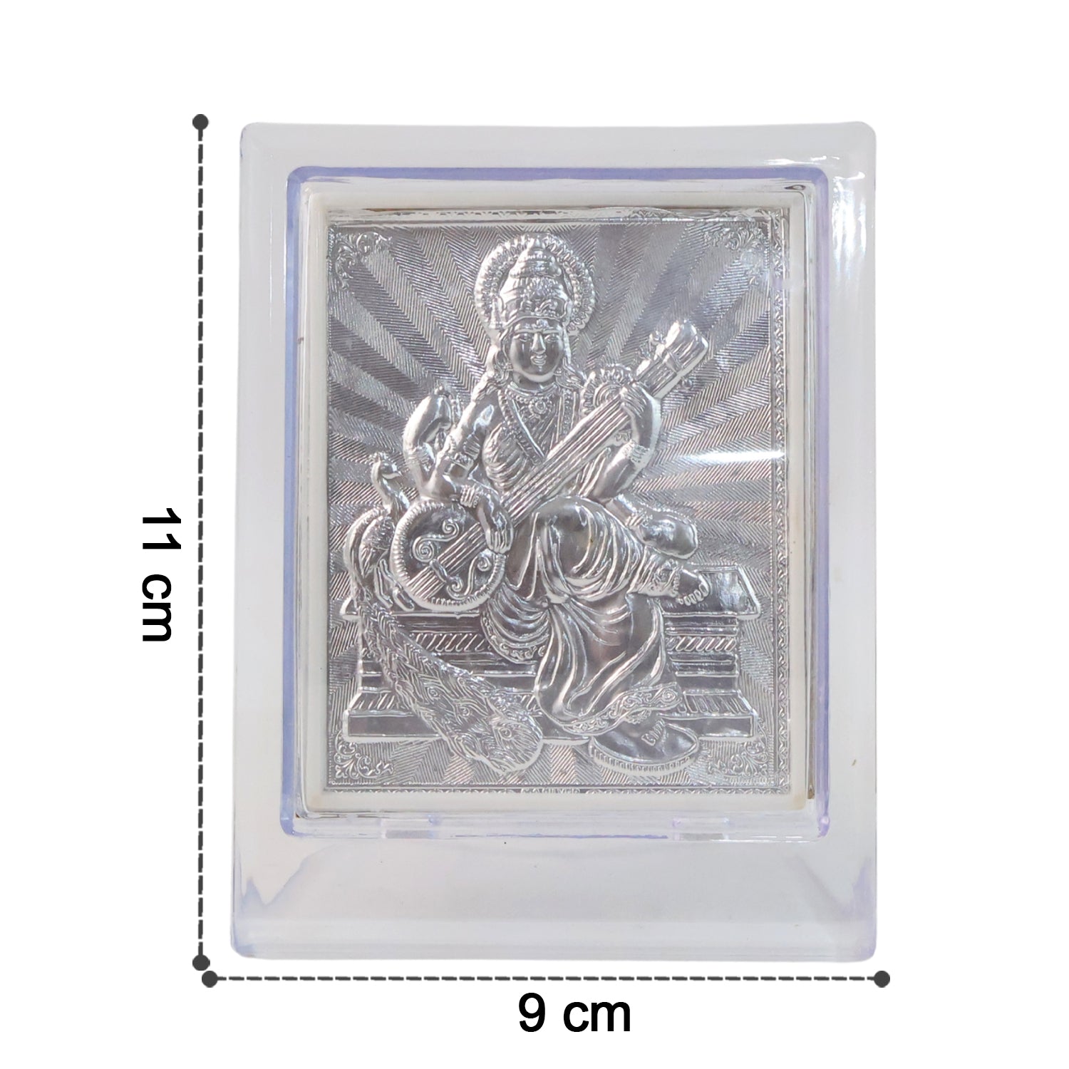 Silver Saraswati Maa photo frame with stand, elegant home decor piece by Wukusy featuring detailed craftsmanship and decorative design.