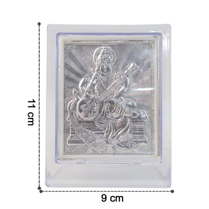 Silver Saraswati Maa photo frame with stand, elegant home decor piece by Wukusy featuring detailed craftsmanship and decorative design.