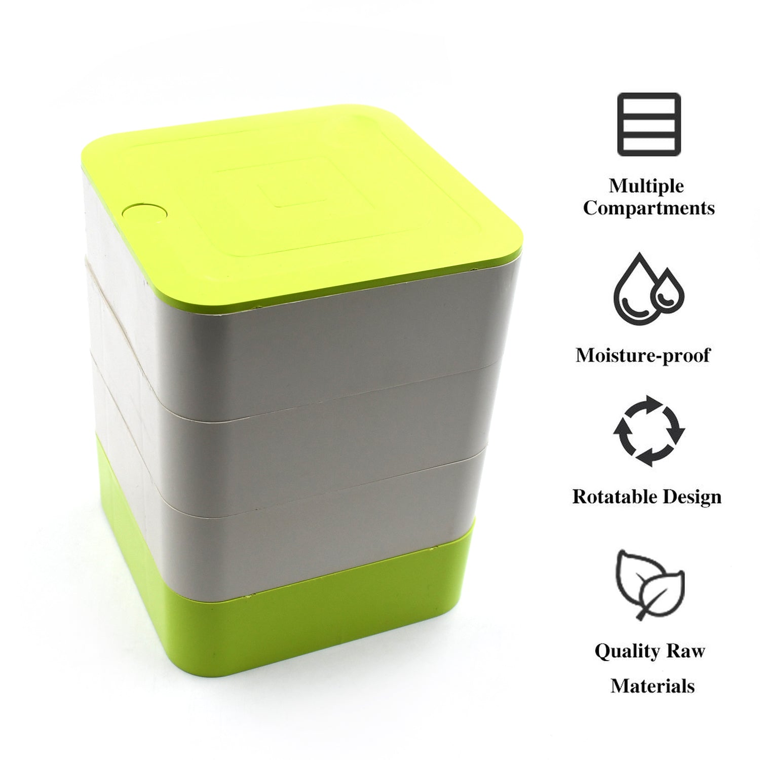 Wukusy 4700 four-layer jewelry box with 360-degree rotating lid, showcasing compartments for jewelry and earrings organizer.