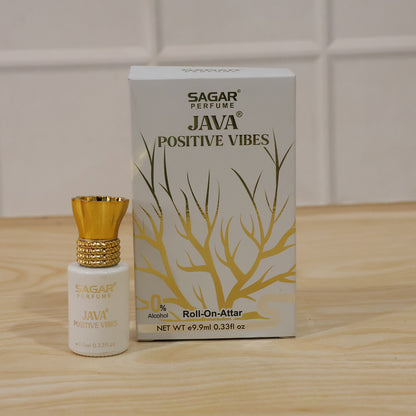 Wukusy Sagar Java Positive Vibes roll-on attar perfume oil in 9.9ml bottle, alcohol-free fragrance for men and women.