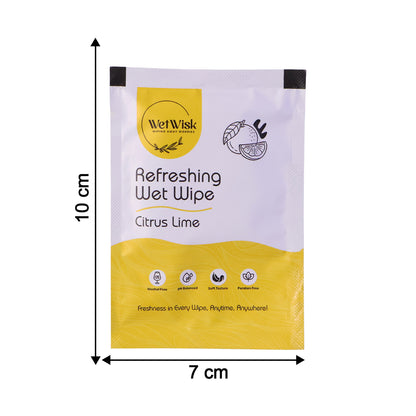 Wukusy Citrus Lime refreshing wet wipe for face, hands, and body, showing a packaged cleansing wipe with citrus lime scent.