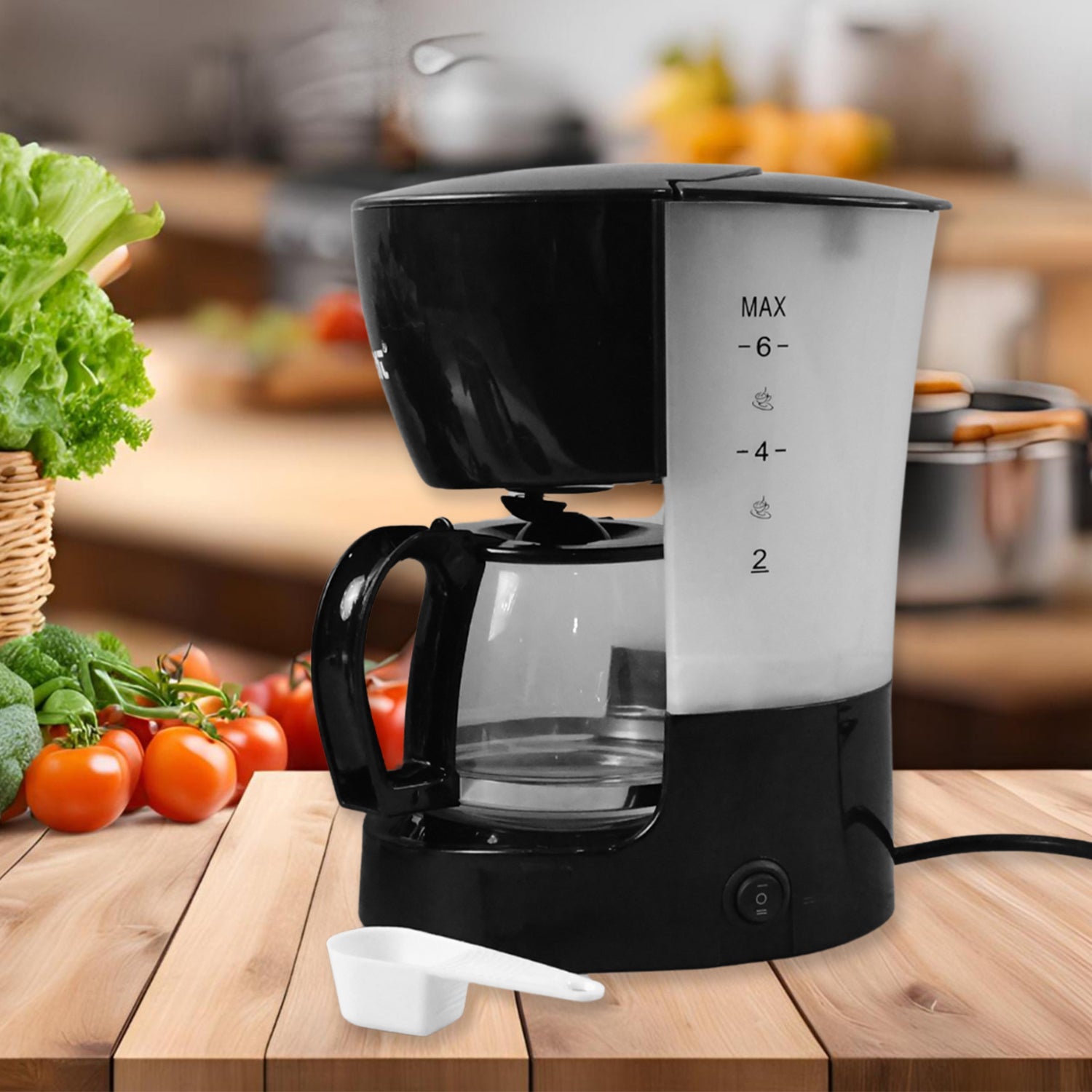 Wukusy Orbit automatic drip coffee maker with 1200ml capacity and 800w power, black kitchen appliance on a countertop.