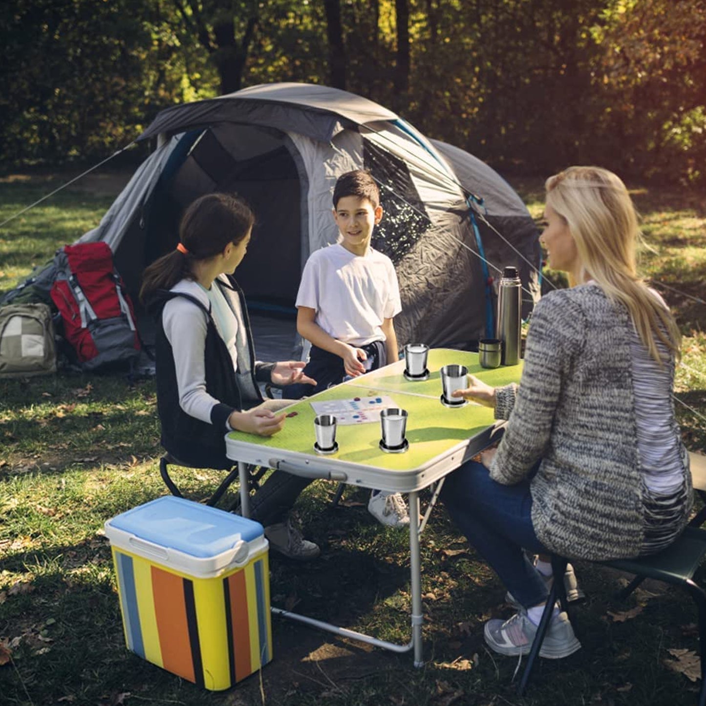 Wukusy 2-in-1 camping folding cup with keychain, compact portable stainless steel travel mug for outdoor use