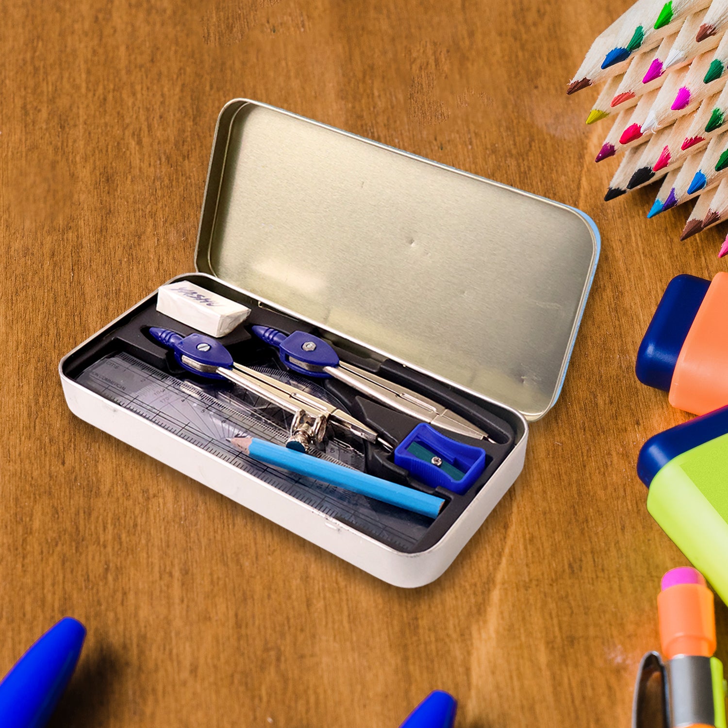 Wukusy Yashu Complete Geometry Box Set with compass, featuring various drawing tools and a sturdy case for students.