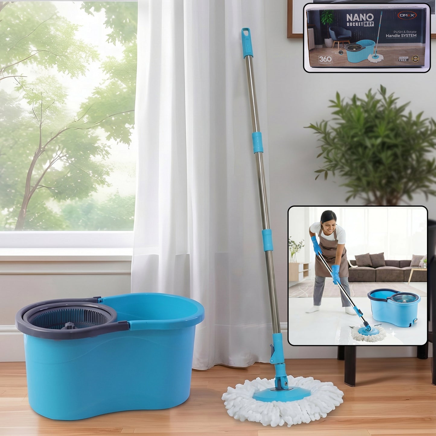 Wukusy 360-degree spin mop bucket set with adjustable stainless steel handle, showcasing the mop and bucket with spinning mechanism.