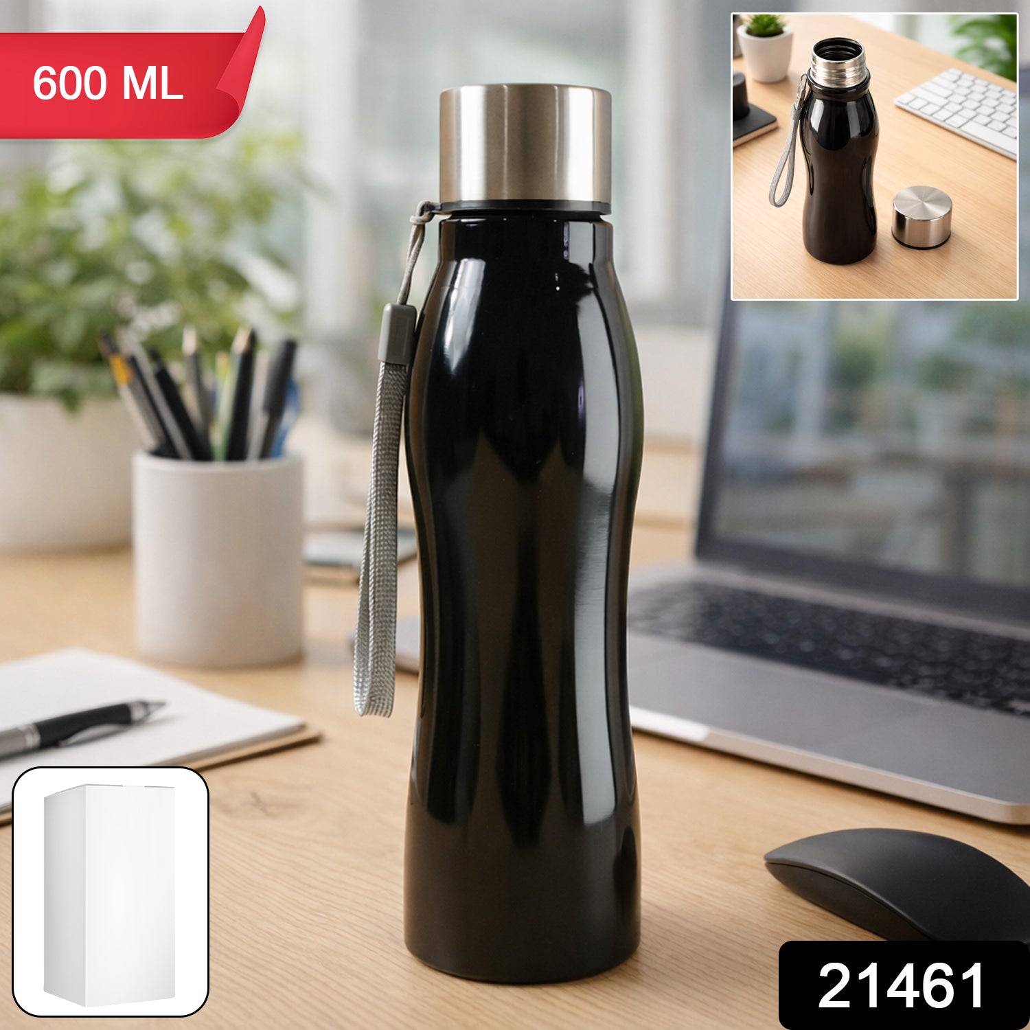 Stainless steel Wukusy 600ml water bottle with carry strap, showing a sleek, durable design with a secure lid and strap for portability.