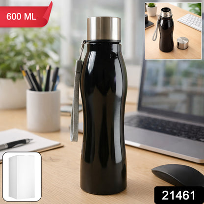 Stainless steel Wukusy 600ml water bottle with carry strap, showing a sleek, durable design with a secure lid and strap for portability.