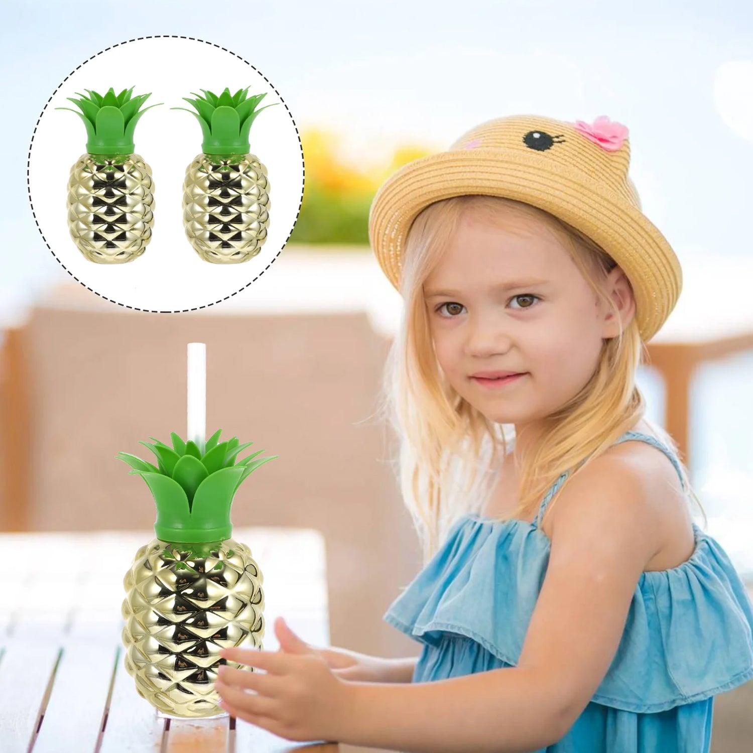 Wukusy plastic pineapple cup with straw, perfect for summer Hawaiian and beach parties, displayed with a brown box.