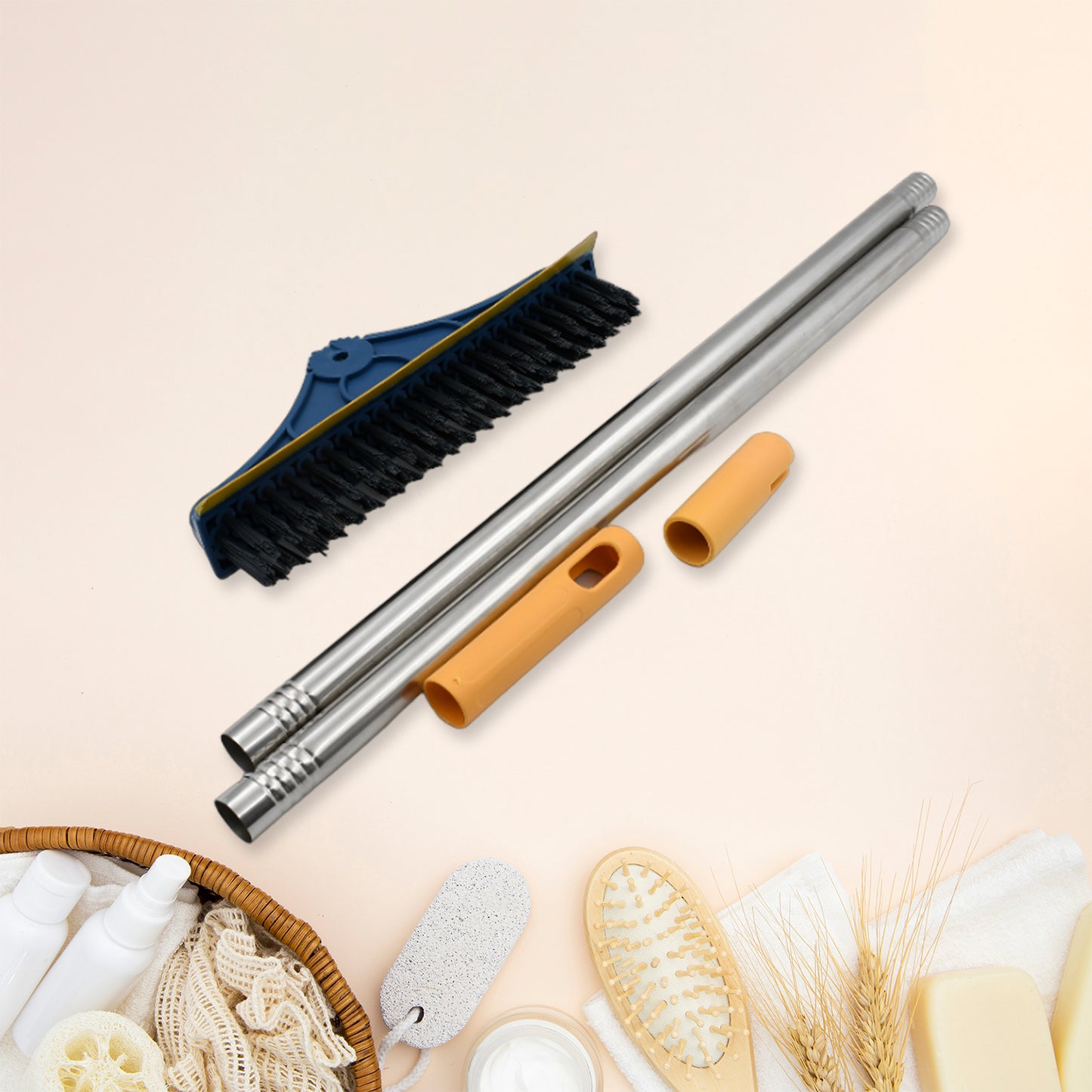Wukusy 2-in-1 long handle floor cleaning brush with rotating triangular head and wiper for bathroom and kitchen cleaning.