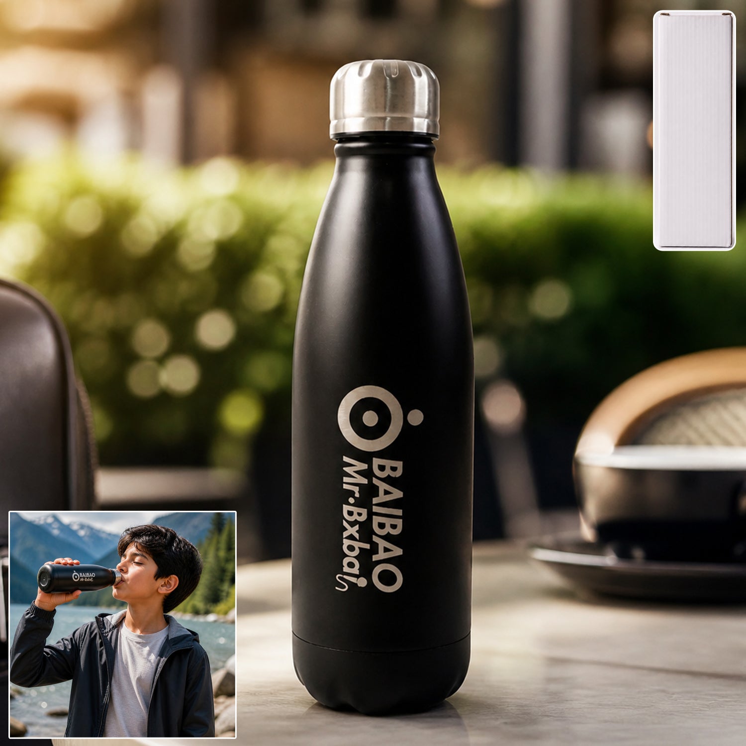 Stainless steel water bottle by Wukusy, 500ml capacity, sleek silver design with a screw-on lid and compact shape for outdoor use