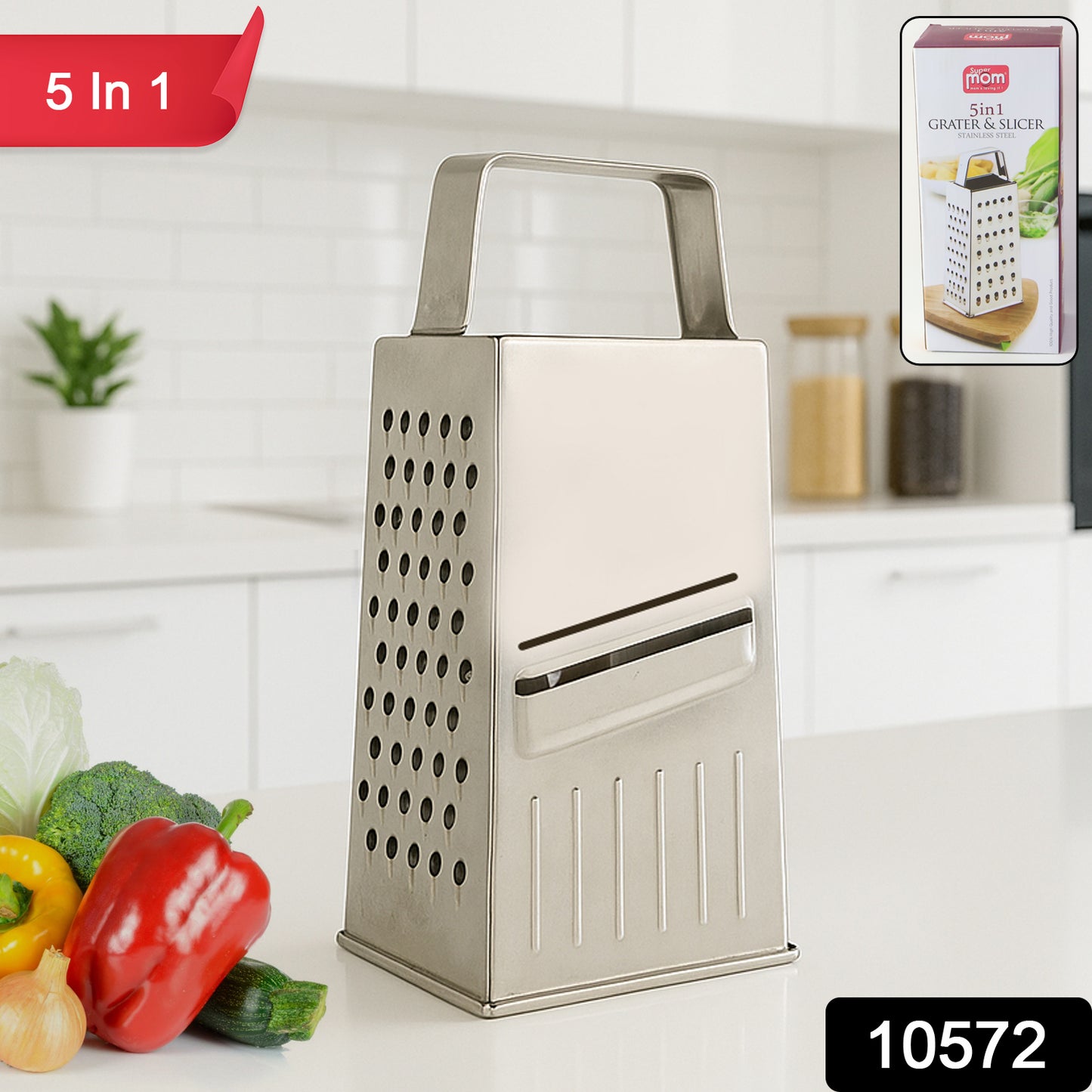 Wukusy Supermom Premium 5-in-1 stainless steel grater and slicer for kitchen use, featuring multiple blades for versatile food preparation.