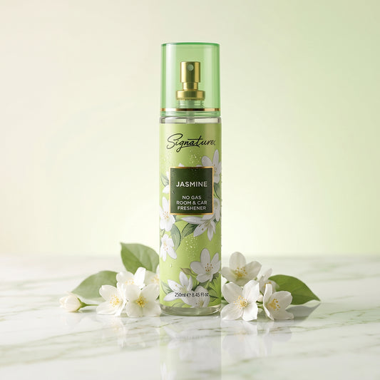 Wukusy Signature Jasmine Room Car Freshener Spray 250ml bottle with floral label and spray nozzle.
