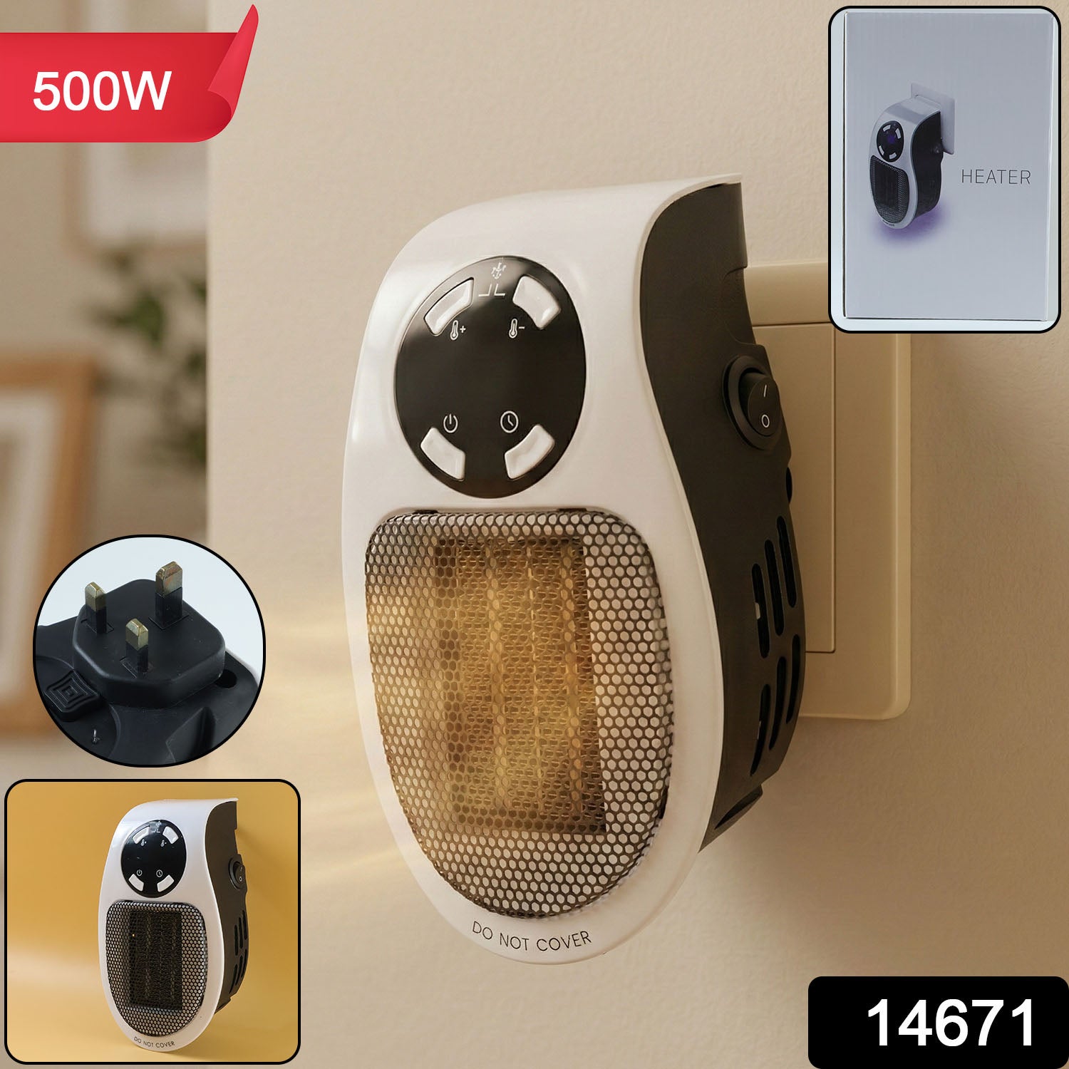 Wukusy 500W portable wall plug electric space heater, compact design with control panel for room heating.
