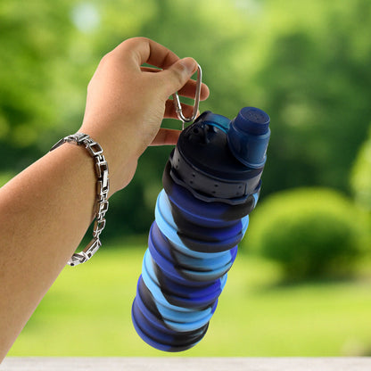 Wukusy silicone foldable water bottle, 24 cm, 500 ml capacity, collapsible design, shown in open and folded state.