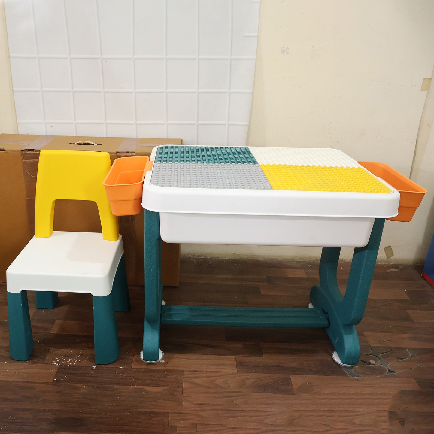 Wukusy kids building block activity table and chair set with storage bins, child-friendly wooden furniture for play and learning.
