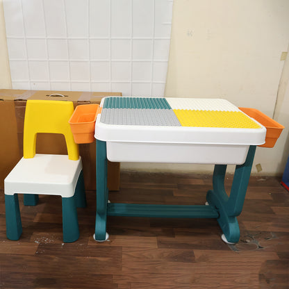 Wukusy kids building block activity table and chair set with storage bins, child-friendly wooden furniture for play and learning.