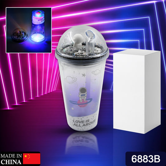 Wukusy 6883b LED glow light printed 13oz insulated plastic tumbler with astronaut space theme and straw, ideal for kids' drinks.