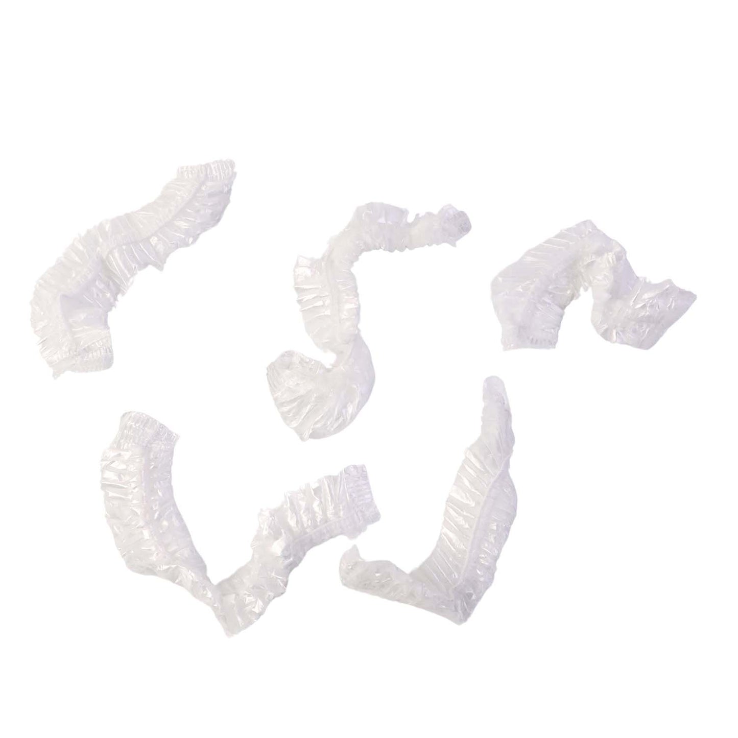 Disposable men's hair protection shower cap from Wukusy, showing five clear plastic head covers for shower use.