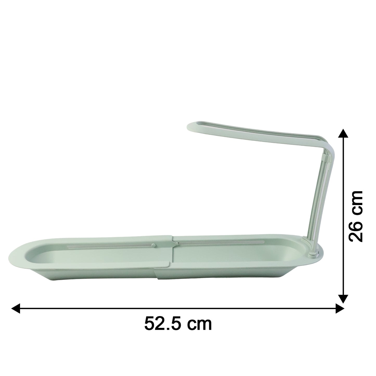 Plastic telescopic sink storage rack by Wukusy, extending to hold sponges and cleaning supplies near the kitchen sink.