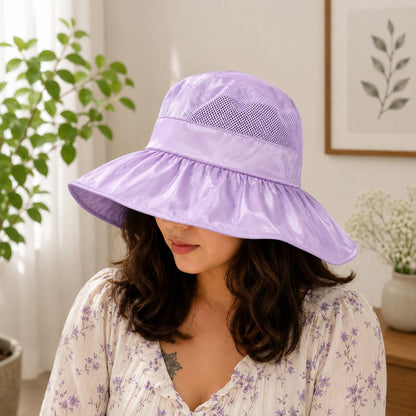 Wukusy women's wide brim sun protection hat with open top and mesh design in random color, providing shade and airflow.