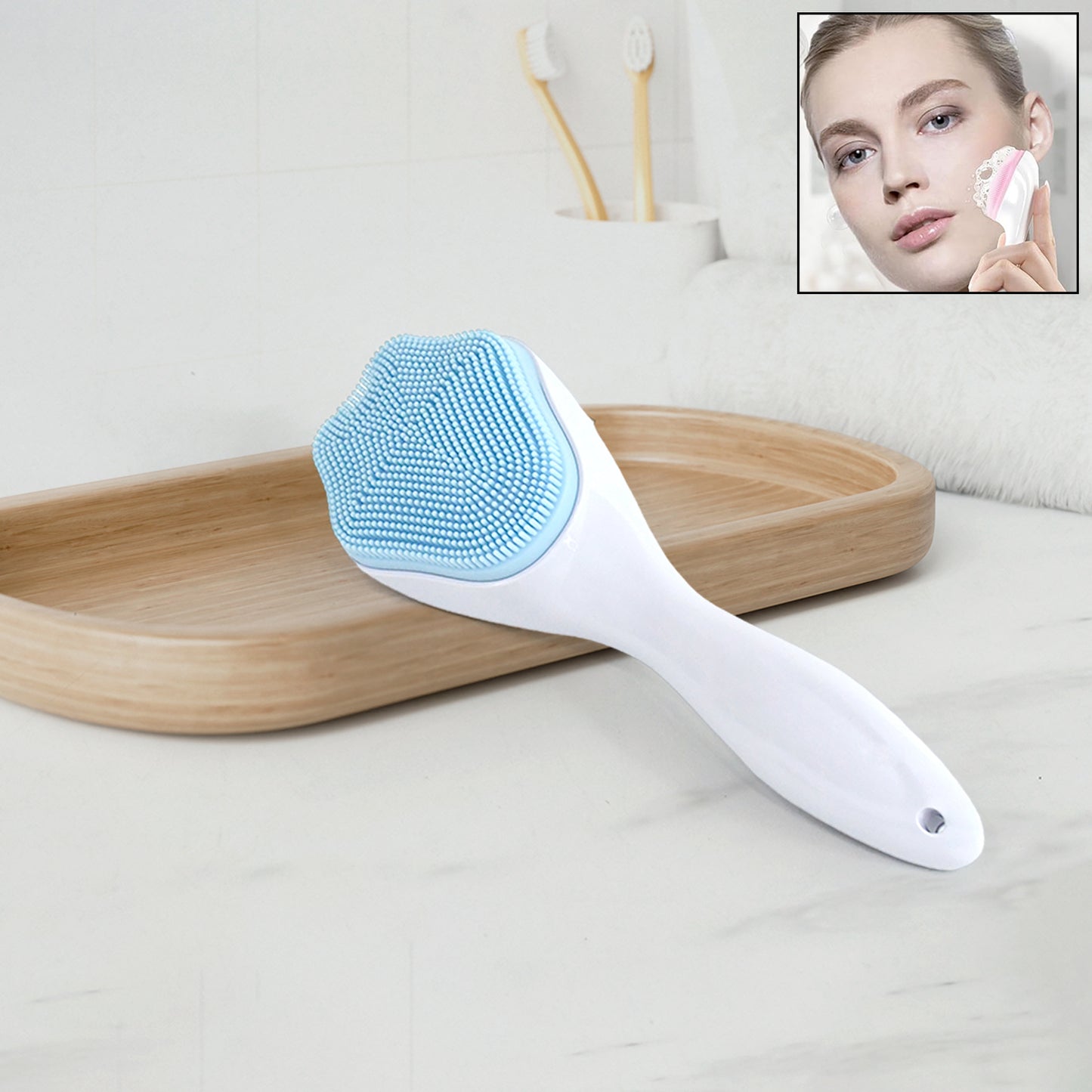 Wukusy silicone face scrubber and exfoliating brush for gentle handheld facial cleansing and skin exfoliation.