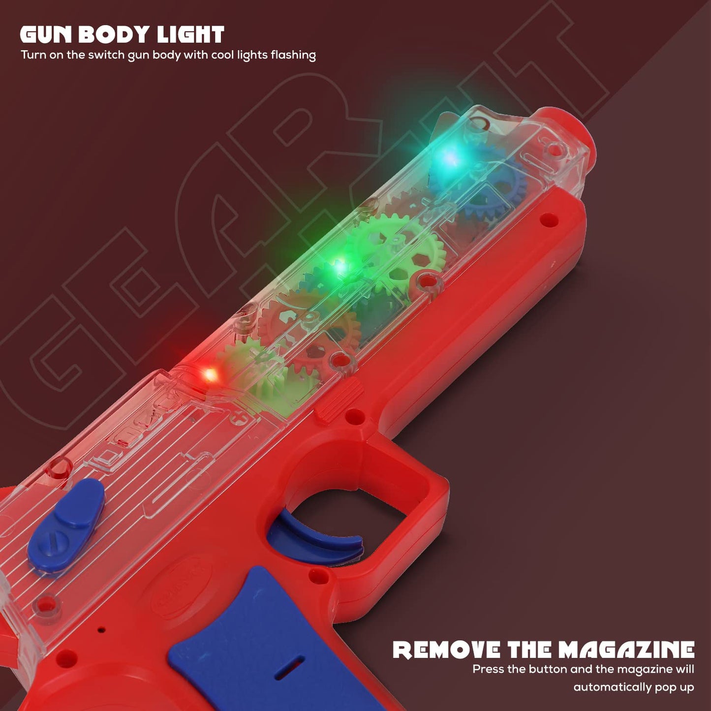 Wukusy 1941 plastic gear simulation toy gun for kids with flashing lights, music, and rotating gear mechanism for pretend play.