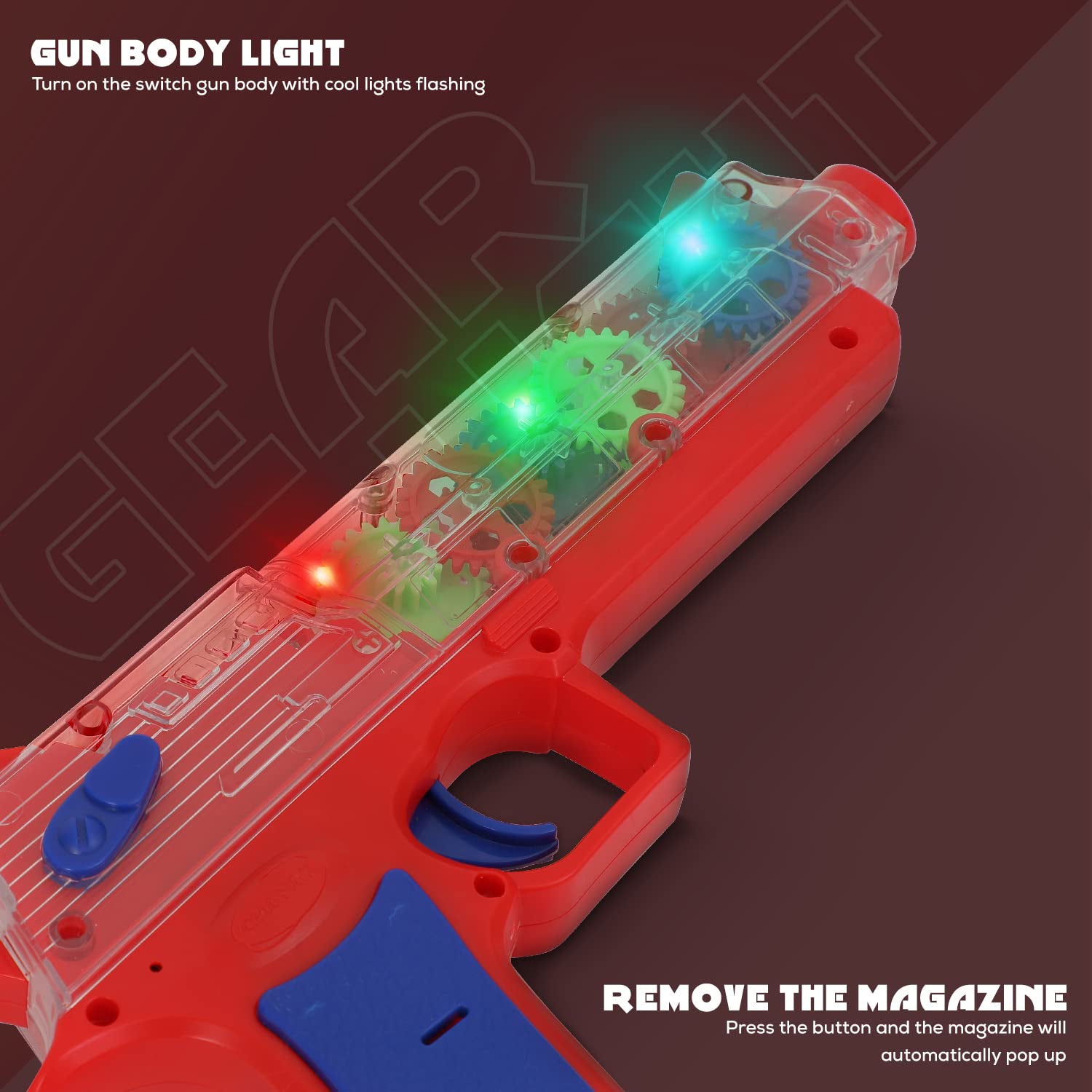 Wukusy 1941 plastic gear simulation toy gun for kids with flashing lights, music, and rotating gear mechanism for pretend play.