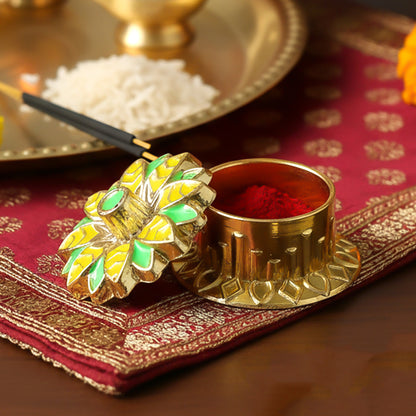 Decorative Kankavati Kumkum storage set by Wukusy with 10 mix design containers for traditional Indian storage.