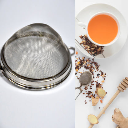 Wukusy stainless steel soup and tea strainer, kitchen tool with fine mesh for filtering liquids and solids in cooking.