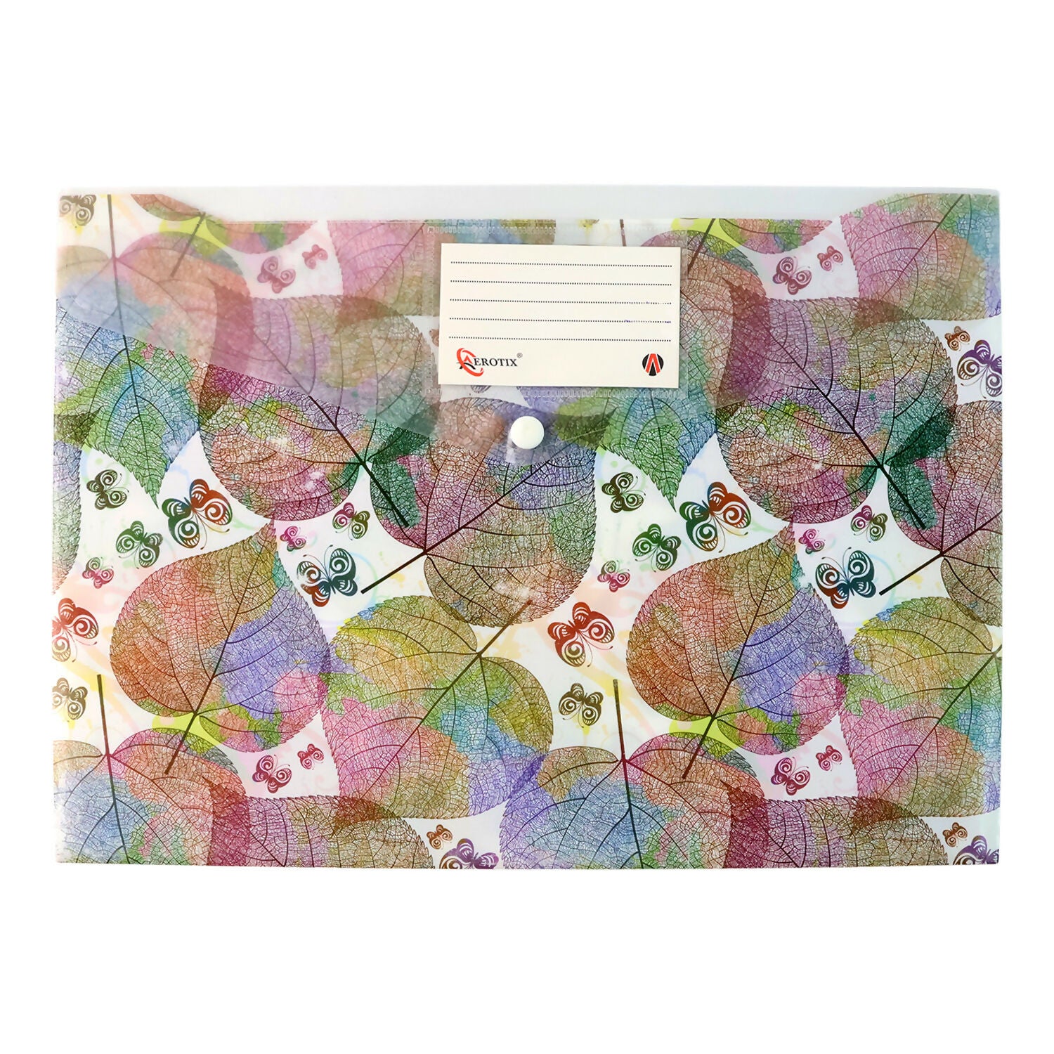 Wukusy printed A4 document folder with leaf design, button closure, and label slot, ideal for organizing papers and files.