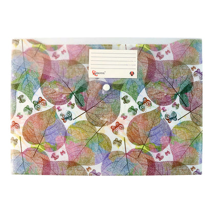 Wukusy printed A4 document folder with leaf design, button closure, and label slot, ideal for organizing papers and files.