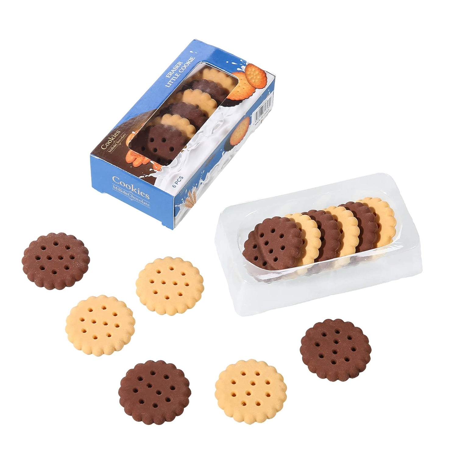 Set of 6 Wukusy biscuit-shaped erasers, colorful stationery rubber erasers for school, office, or kids' party favors.