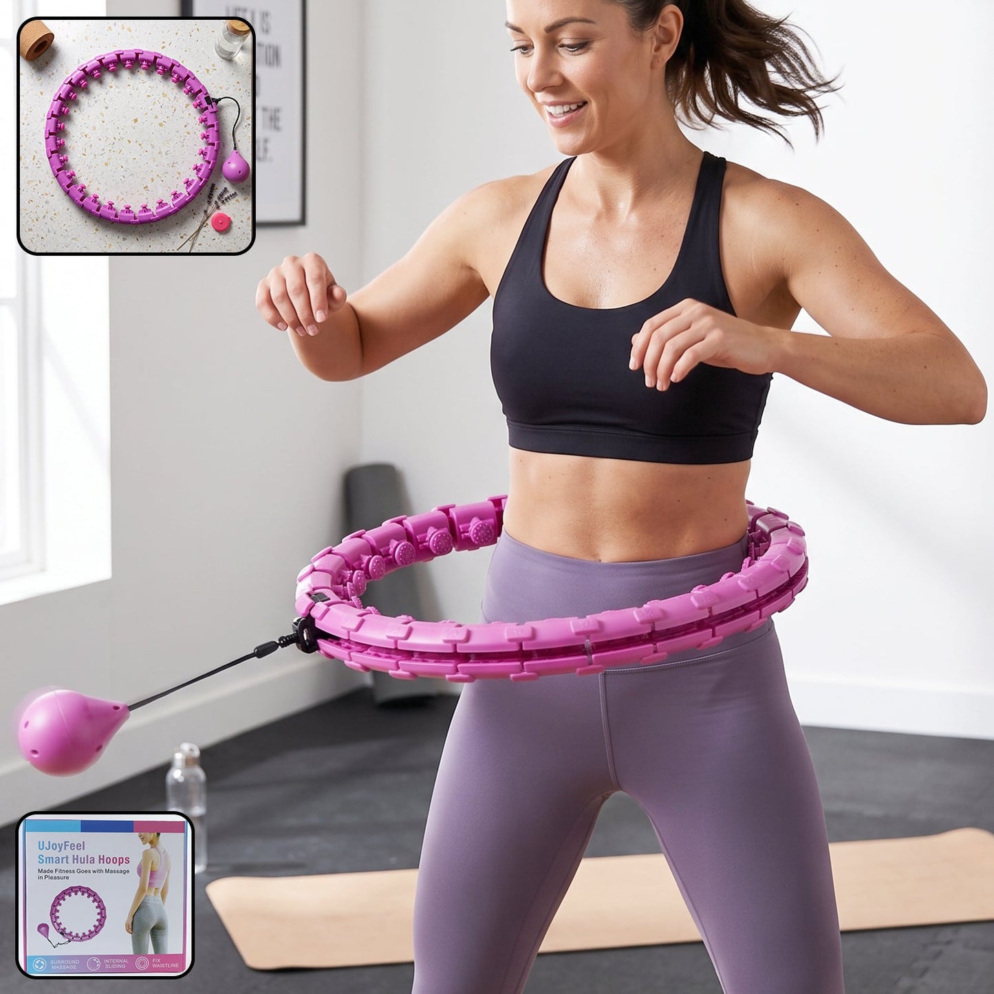Wukusy smart fitness hula hoop with weighted ball and detachable waist exerciser, showing the hula hoop and ball in use.