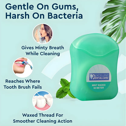 Mint waxed dental floss by Wukusy, 50 meters, showing the floss spool with mint-flavored wax coating in a health and beauty setting.