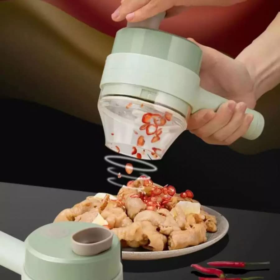 Drpshippr 4-in-1 electric vegetable cutter showing multiple blades for slicing, grating, chopping, and dicing in a home kitchen setting.