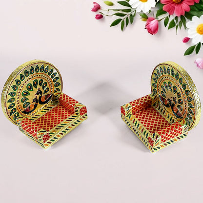 Wukusy Meenakari Work Laddu Gopal Singhasan set with wooden Krishna sofa for pooja mandir and home decor, decorative and premium look.