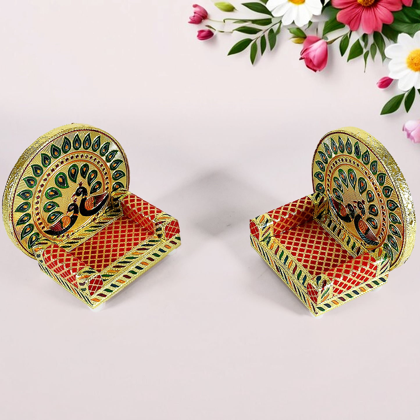 Wukusy Meenakari work Laddu Gopal Singhasan set with wooden Krishna sofa and asan, ideal for Pooja mandir and home decor.