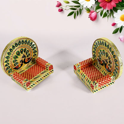Wukusy Meenakari work Laddu Gopal Singhasan set with wooden Krishna sofa and asan, ideal for Pooja mandir and home decor.