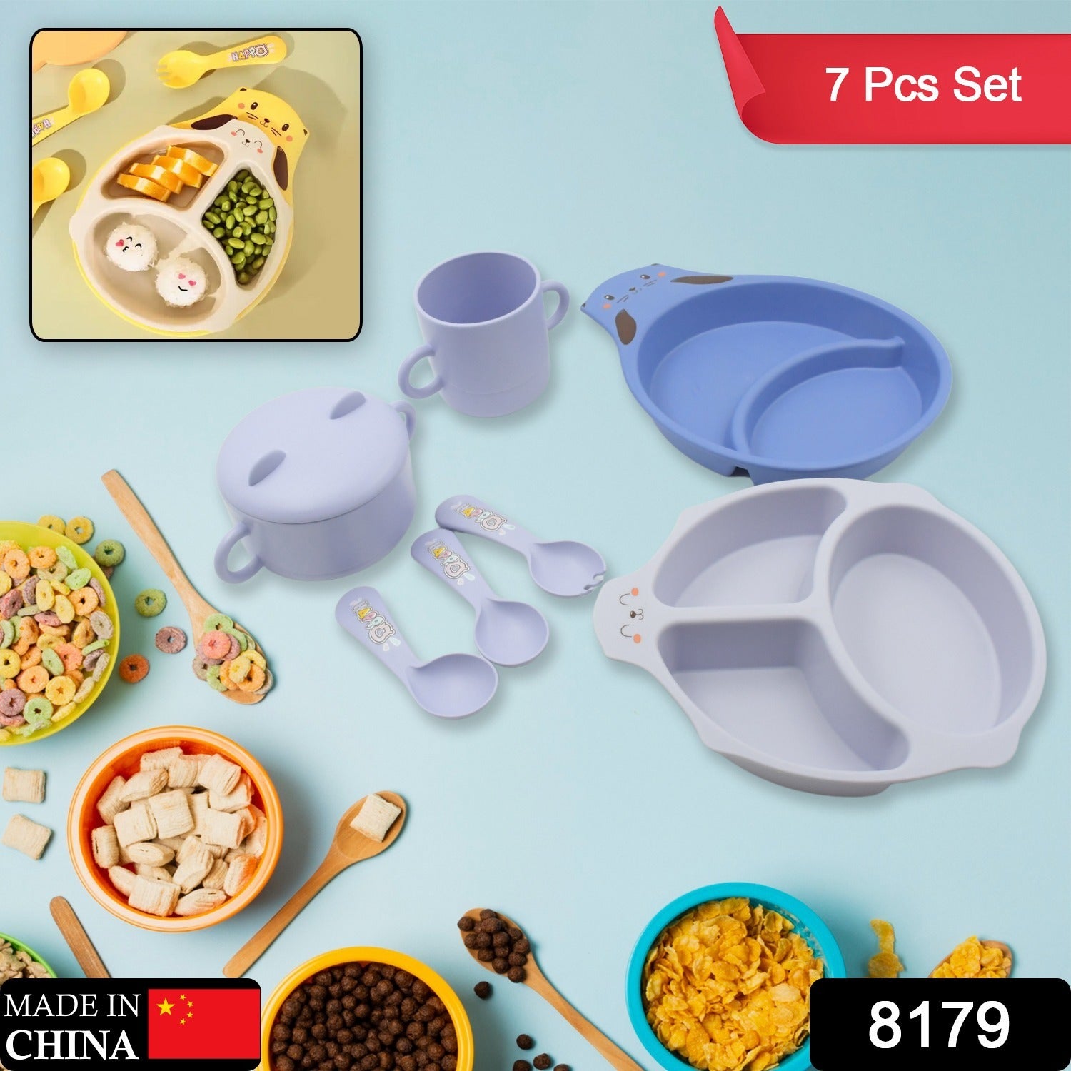 Wukusy bamboo fibre baby feeding set with cartoon design, includes plate, cup, spoon, fork, chopsticks, and utensils for kids.