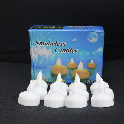 Set of 12 Wukusy LED floating smokeless candles for home decor, showcasing glowing, flame-free candles in a serene arrangement.