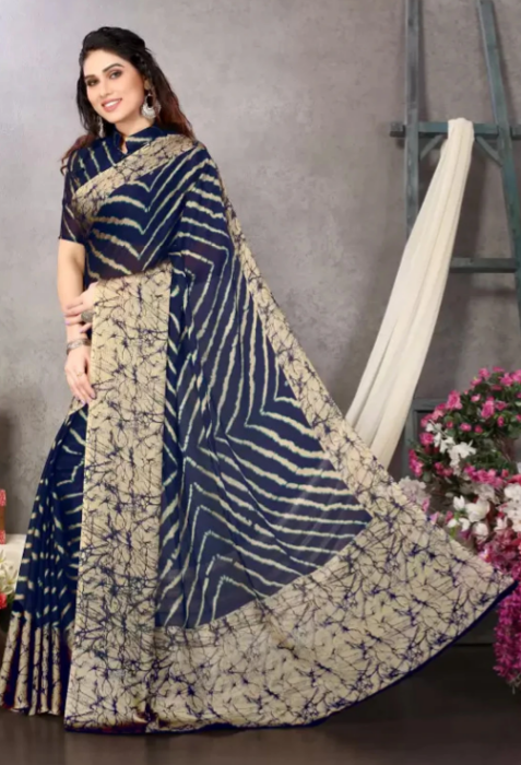 Dark blue printed striped Leheria chiffon and georgette saree from Drpshippr women's collection, featuring traditional Indian design.